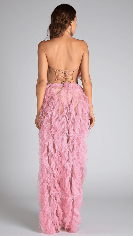 EFTYCHIA PINK FEATHER HIGH SLIT BACKLESS DRESS
