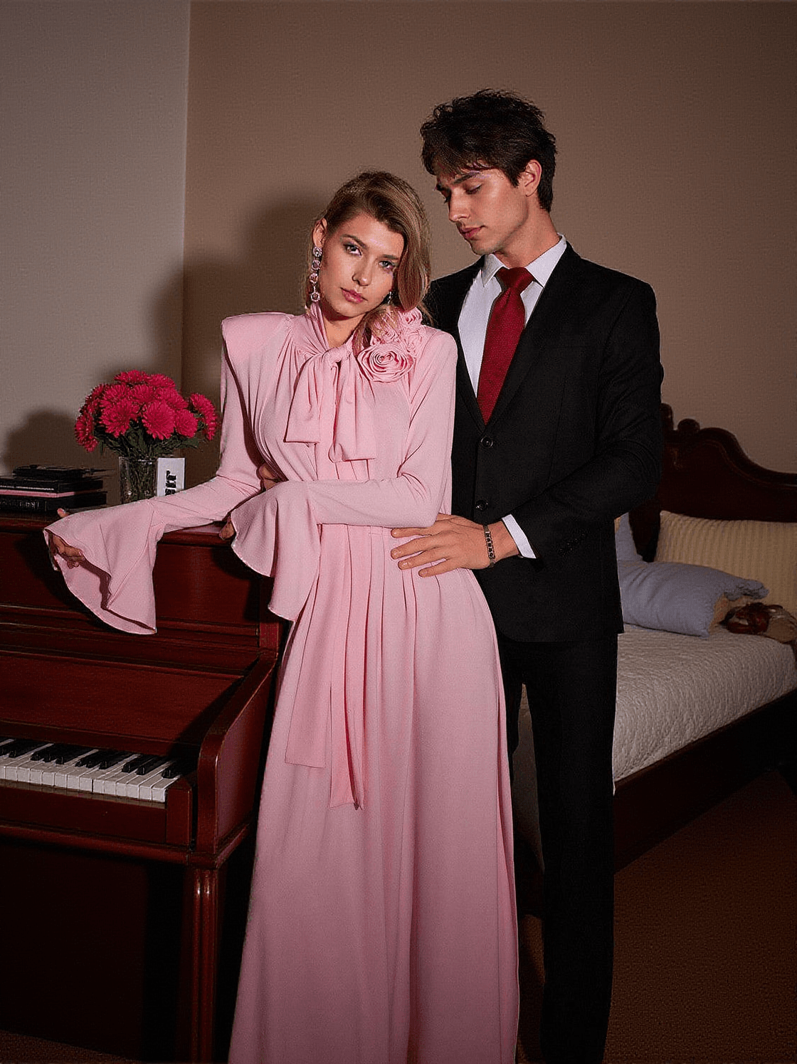 BENTON LONG SLEEVE FLOWER EMBELLISHED MAXI DRESS IN PINK