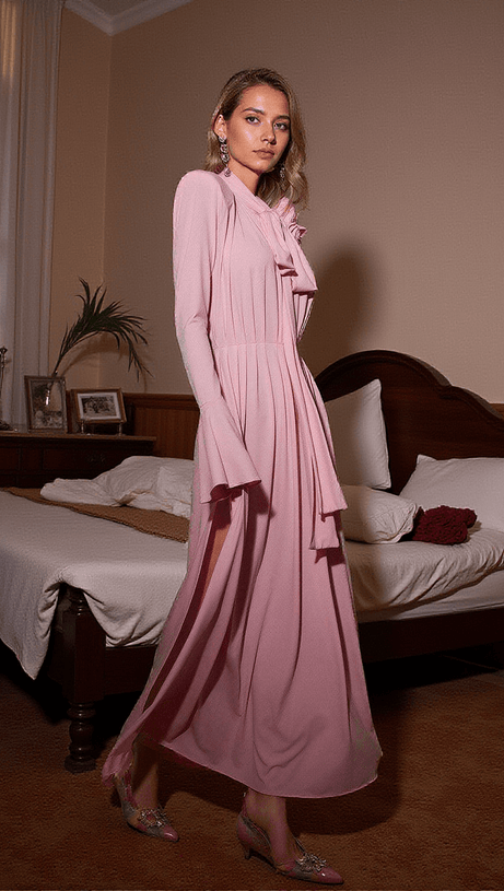 BENTON LONG SLEEVE FLOWER EMBELLISHED MAXI DRESS IN PINK