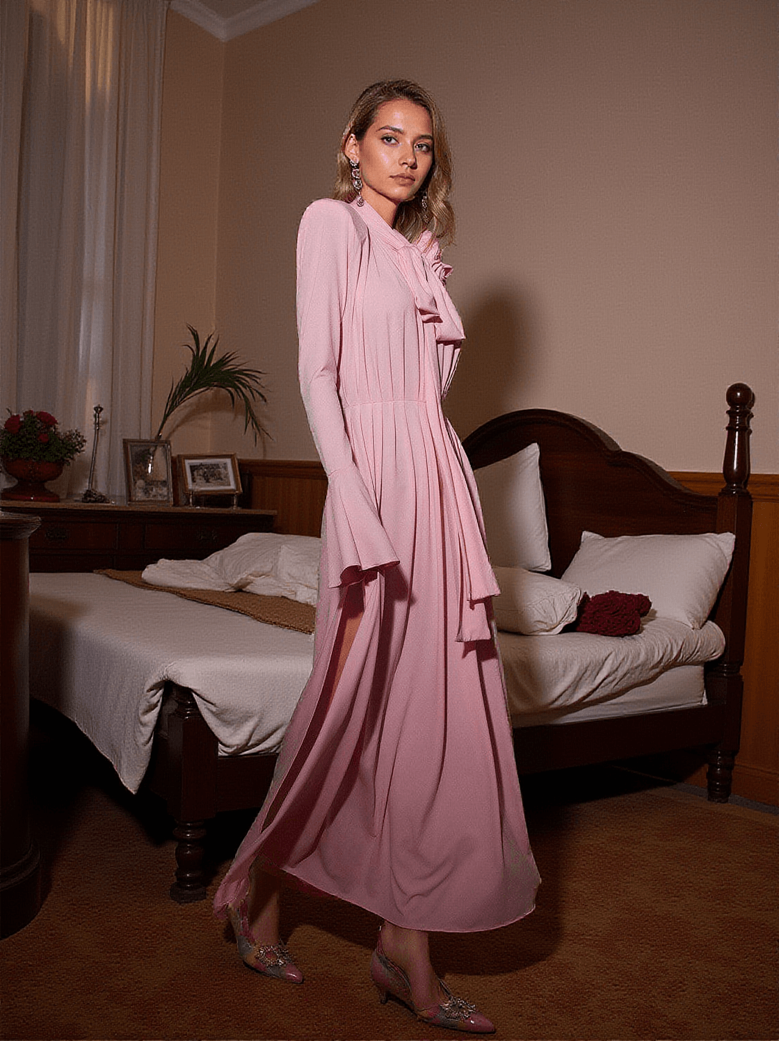 BENTON LONG SLEEVE FLOWER EMBELLISHED MAXI DRESS IN PINK