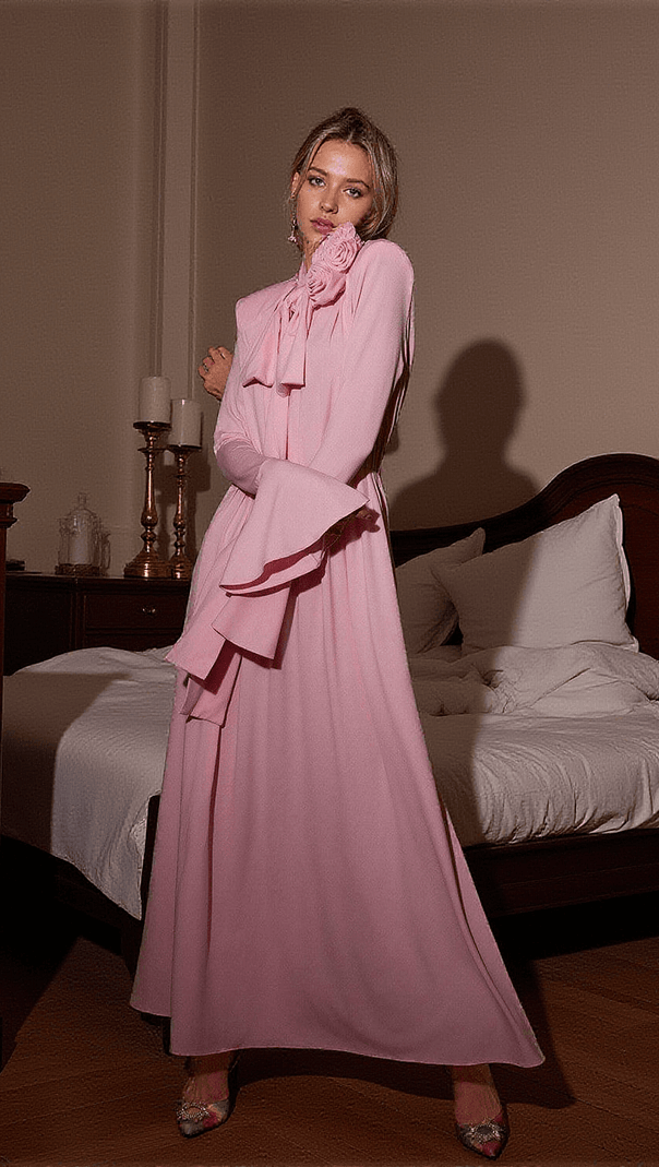 AIIZIE BENTON LONG SLEEVE FLOWER EMBELLISHED MAXI DRESS IN PINK - product image