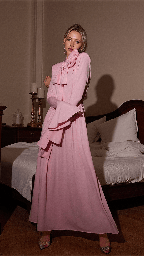 BENTON LONG SLEEVE FLOWER EMBELLISHED MAXI DRESS IN PINK