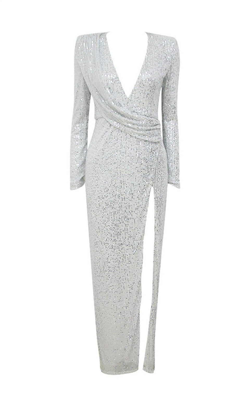 ABITO LUNGO CON SCOLLO A V E PAILLETTES ARGENTO