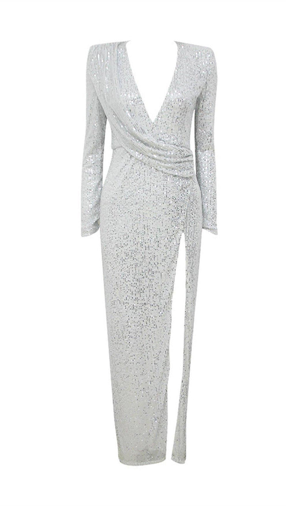 SILVER SEQUINED V-NECK LONG DRESS