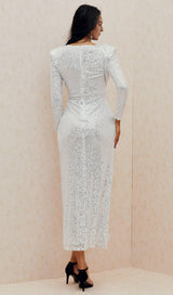 SILVER SEQUINED V-NECK LONG DRESS