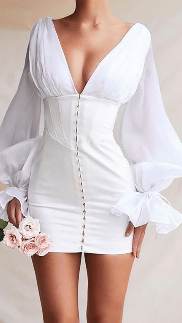 AIIZIE IVORY SATIN FLARED SLEEVE MINI DRESS - product image