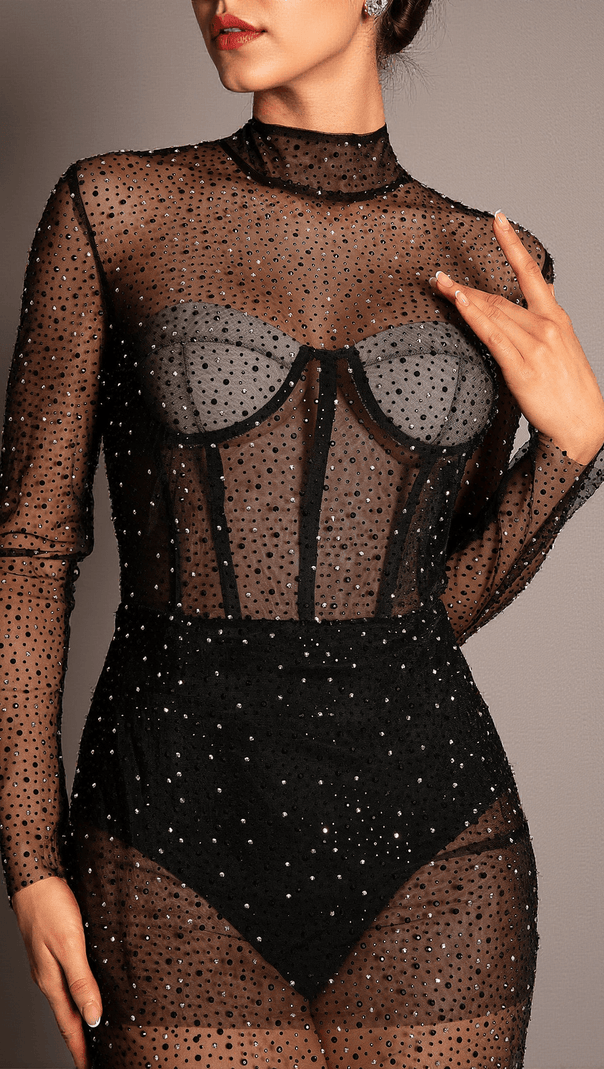 AIIZIE ANTHIDE MESH SEE-THROUGH RHINESTONE BODYSUIT - product image