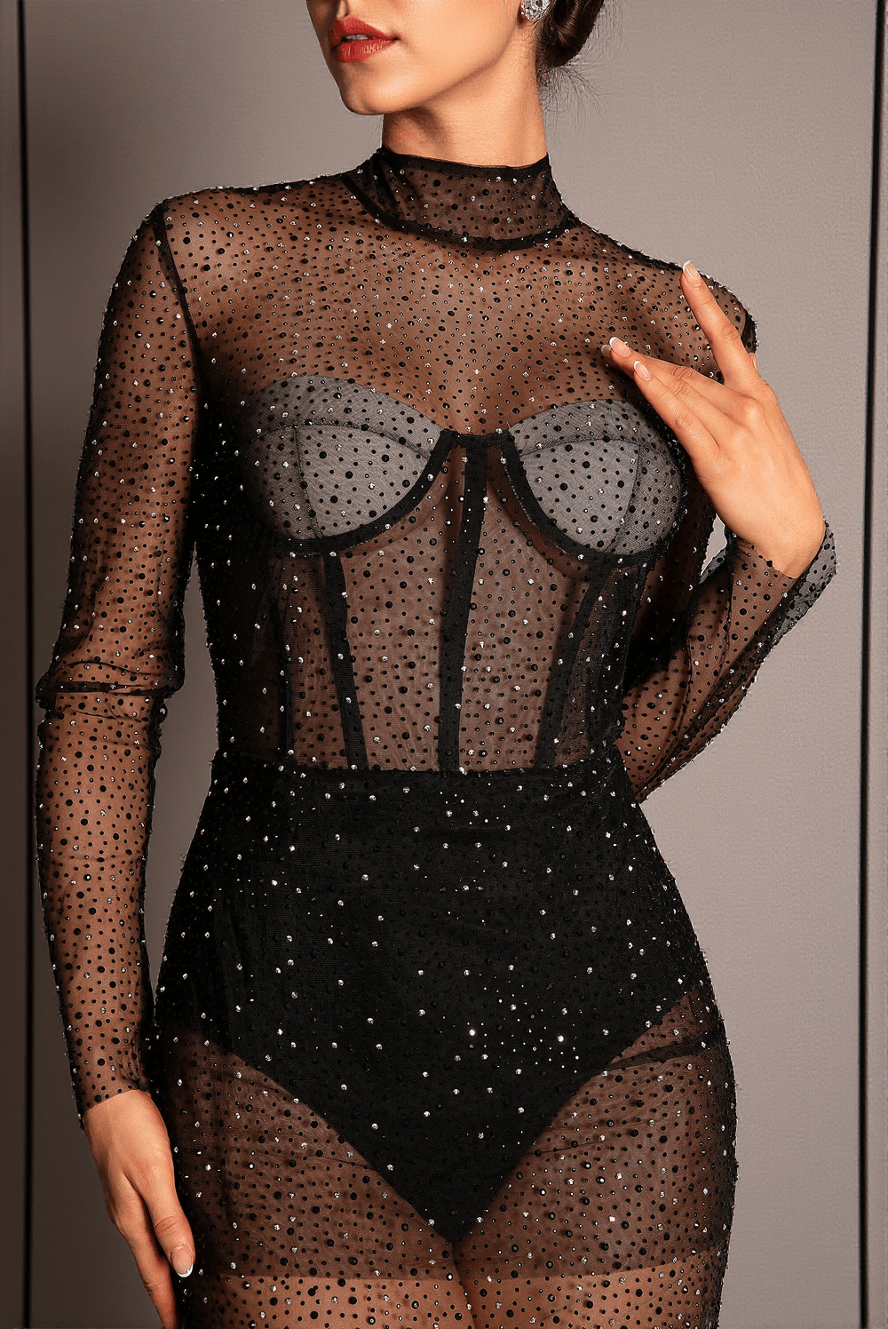 ANTHIDE MESH SEE-THROUGH RHINESTONE BODYSUIT