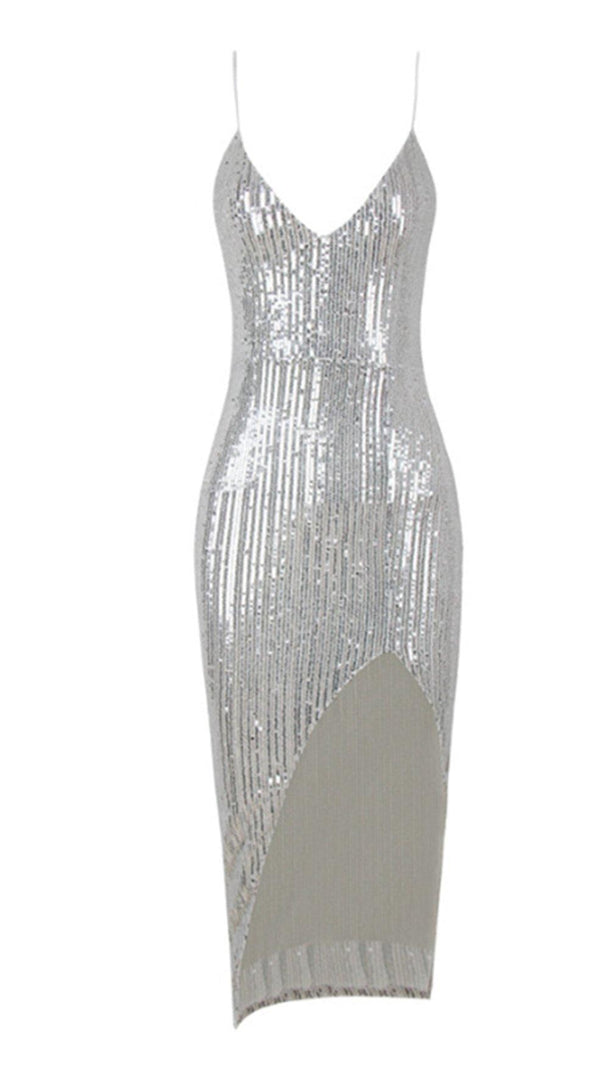 SEXY SILBERNES COCKTAILKLEID MIT GESCHLITZ