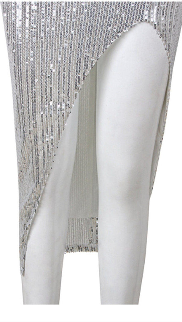 SEXY SILBERNES COCKTAILKLEID MIT GESCHLITZ