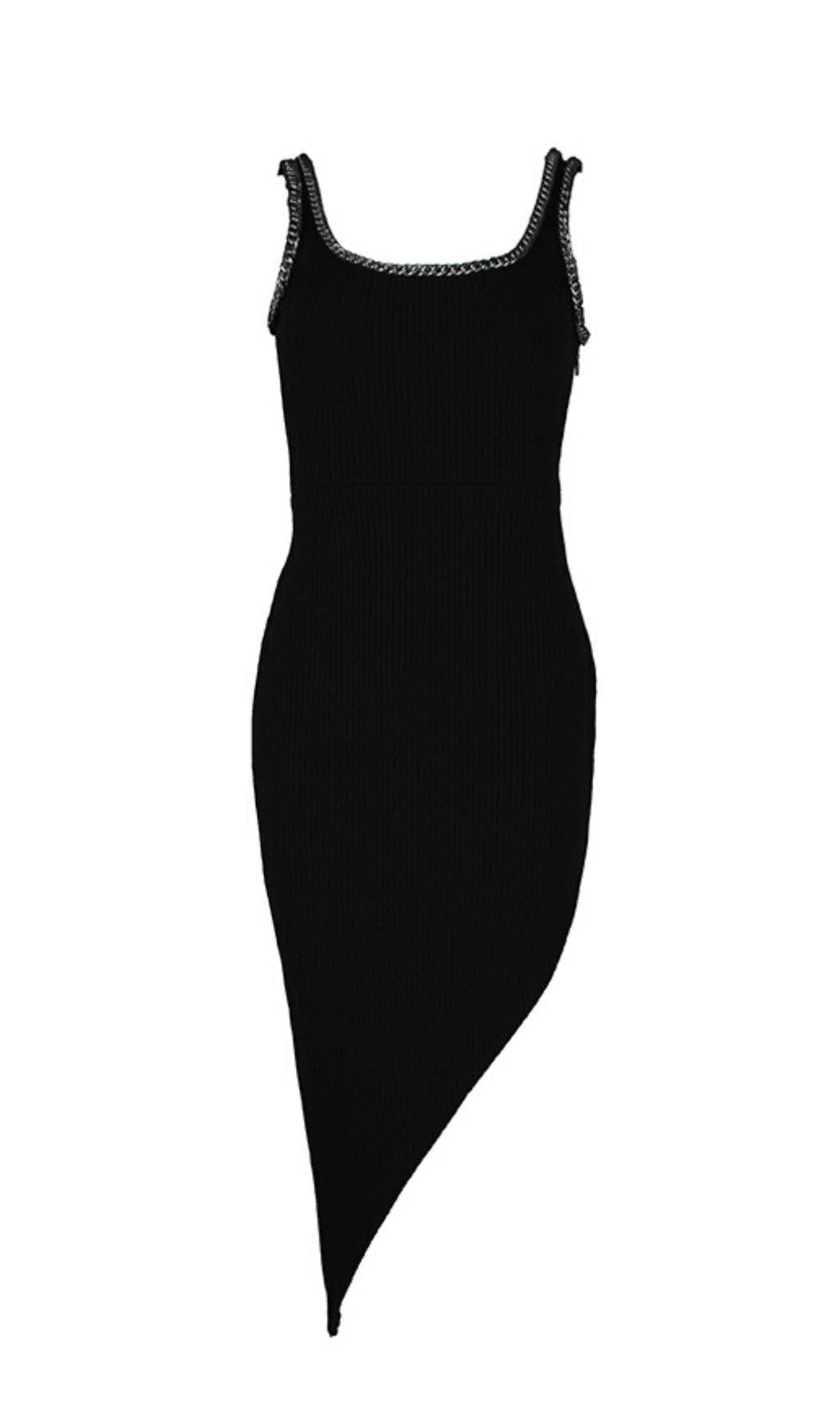 ASYMMETRIC BANDAGE MIDI DRESS IN BLACK