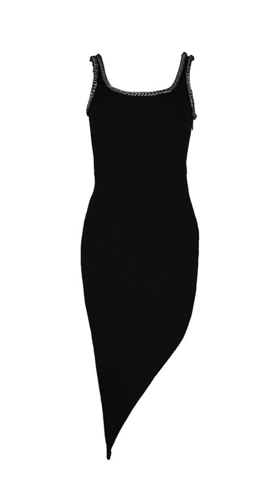 ASYMMETRIC BANDAGE MIDI DRESS IN BLACK