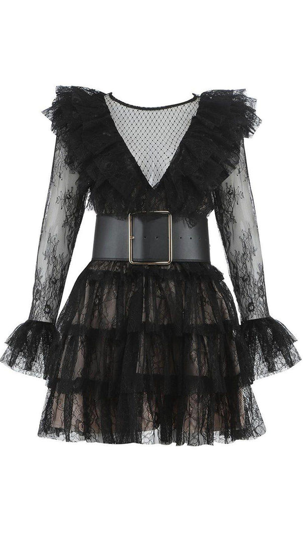 AIIZIE ROUND NECK LONG SLEEVE MESH MINI BODYCON DRESS - product image