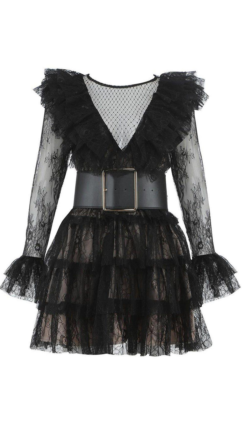 ROUND NECK LONG SLEEVE MESH MINI BODYCON DRESS