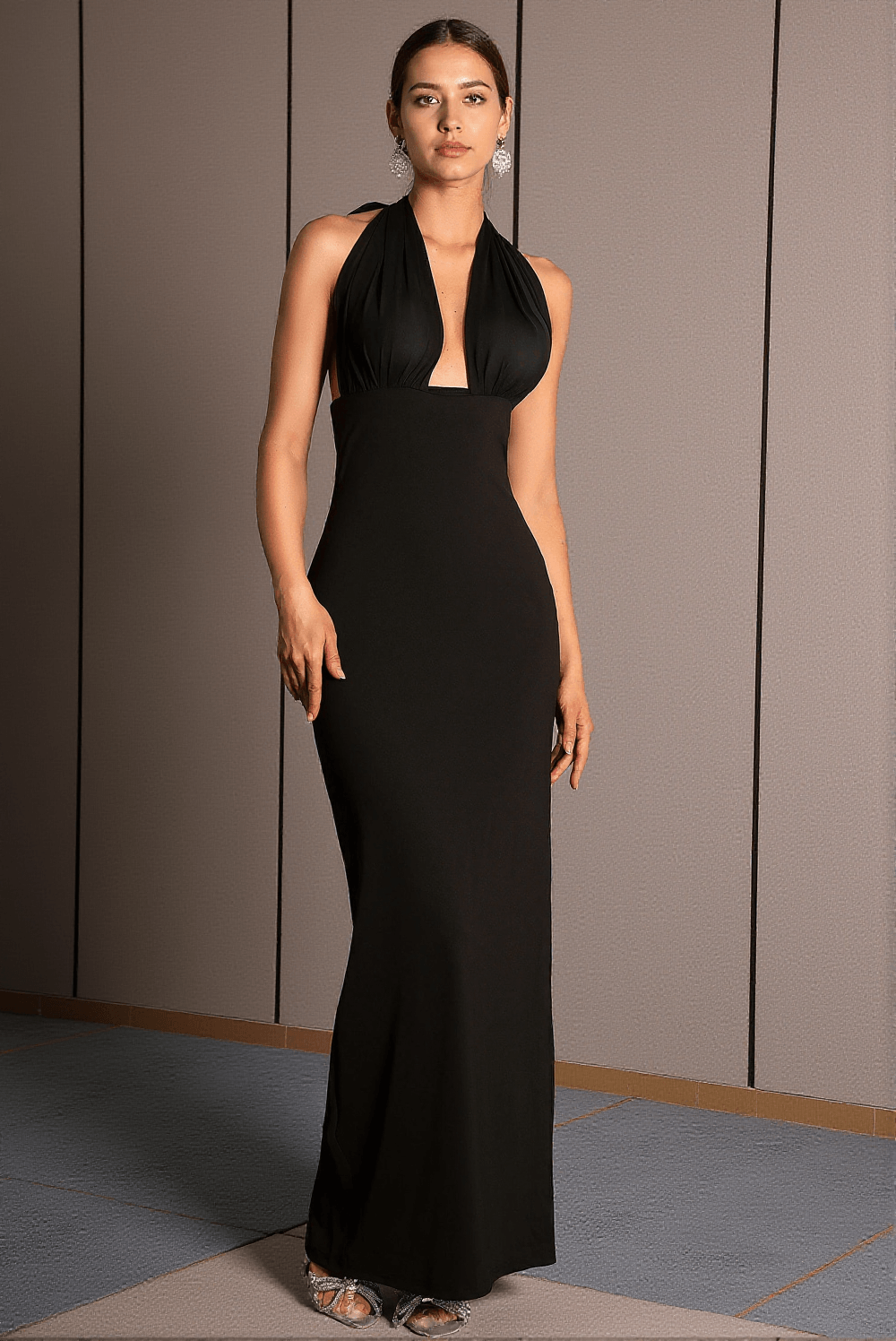 GIANNOULA BLACK LACE-UP SLIT TUXEDO DRESS