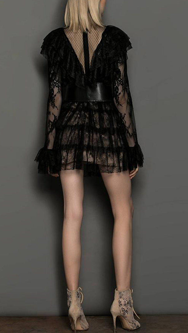 AIIZIE ROUND NECK LONG SLEEVE MESH MINI BODYCON DRESS - product image