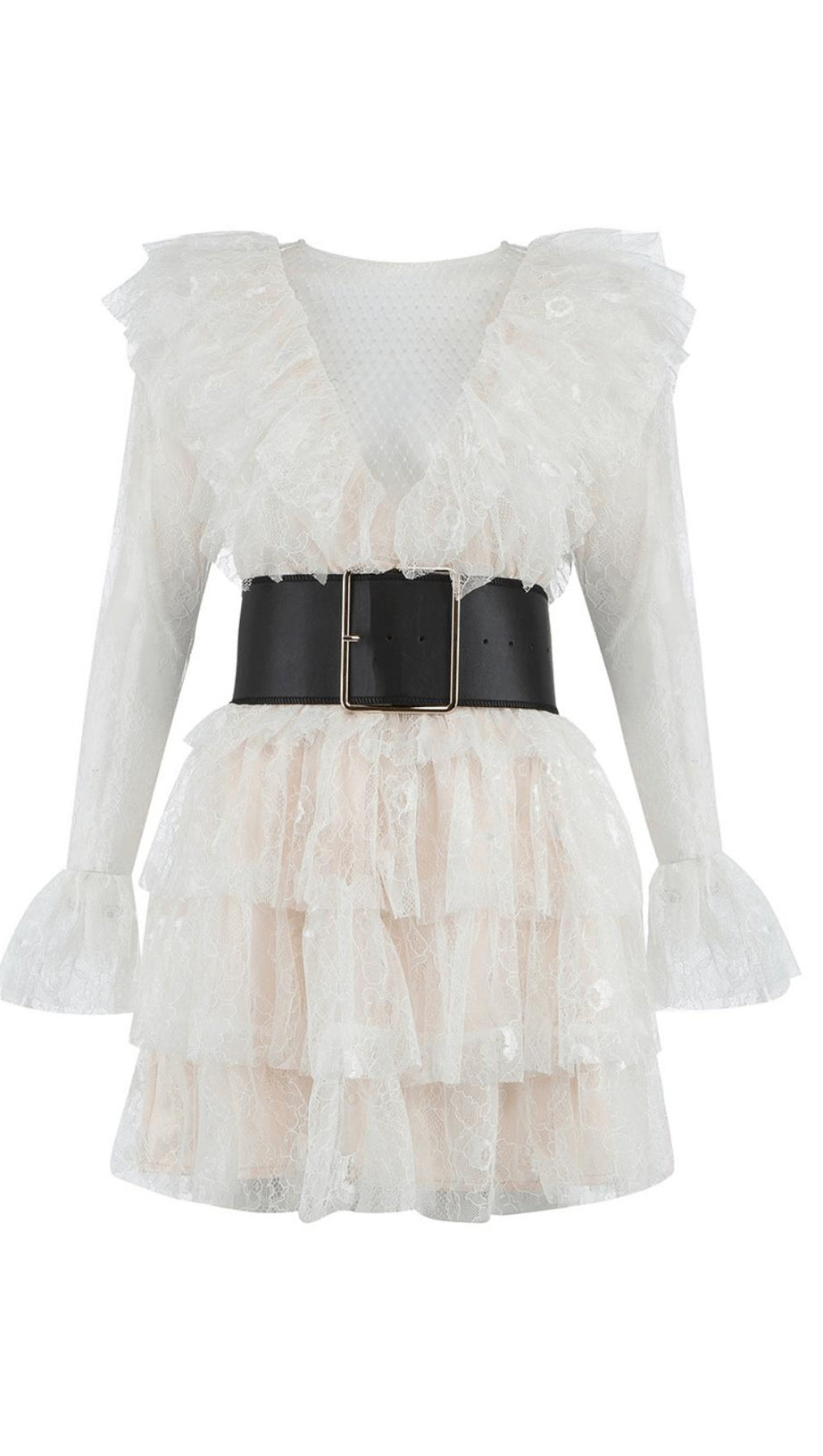 ROUND NECK LONG SLEEVE MESH MINI BODYCON DRESS