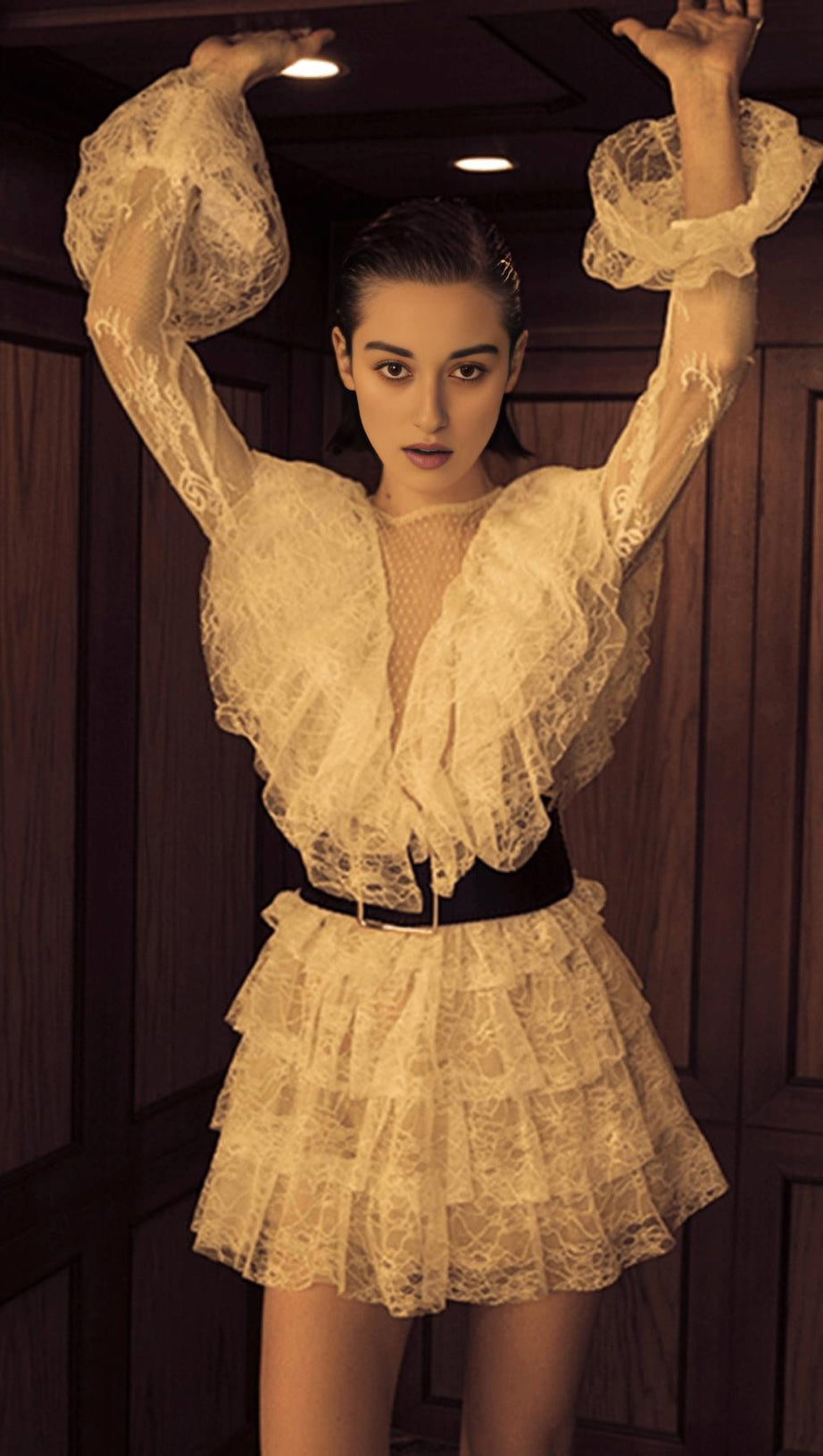 ROUND NECK LONG SLEEVE MESH MINI BODYCON DRESS