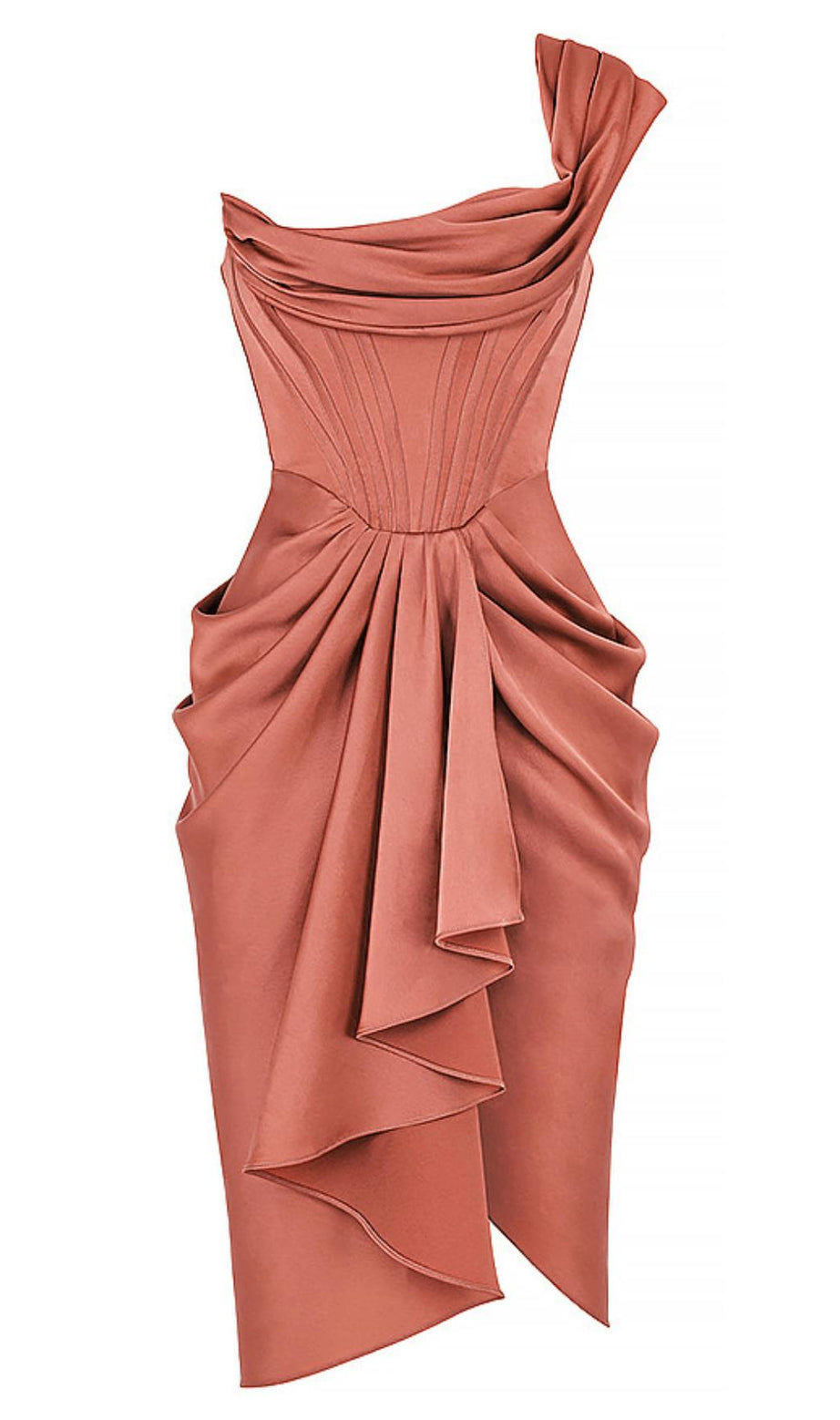 ABITO MIDI DRAPPEGGIATO MONOSPALLA IN SATIN ROUGE