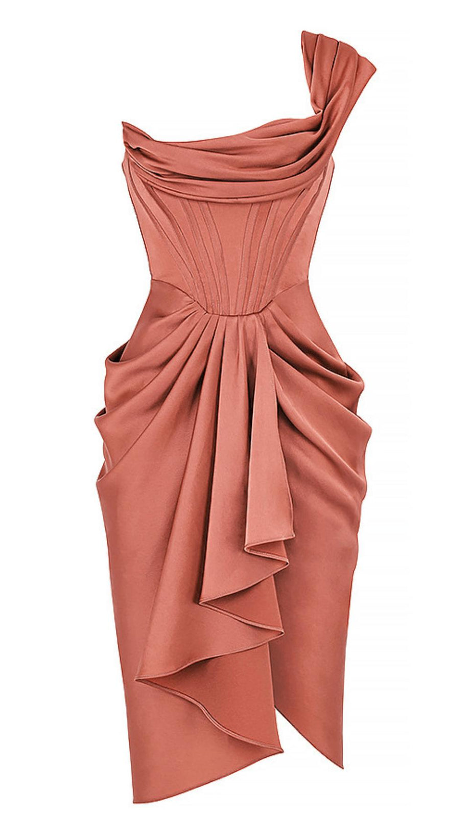 DRAPIERTES MIDIKLEID AUS ROUGE-SATIN MIT EINER SCHULTER