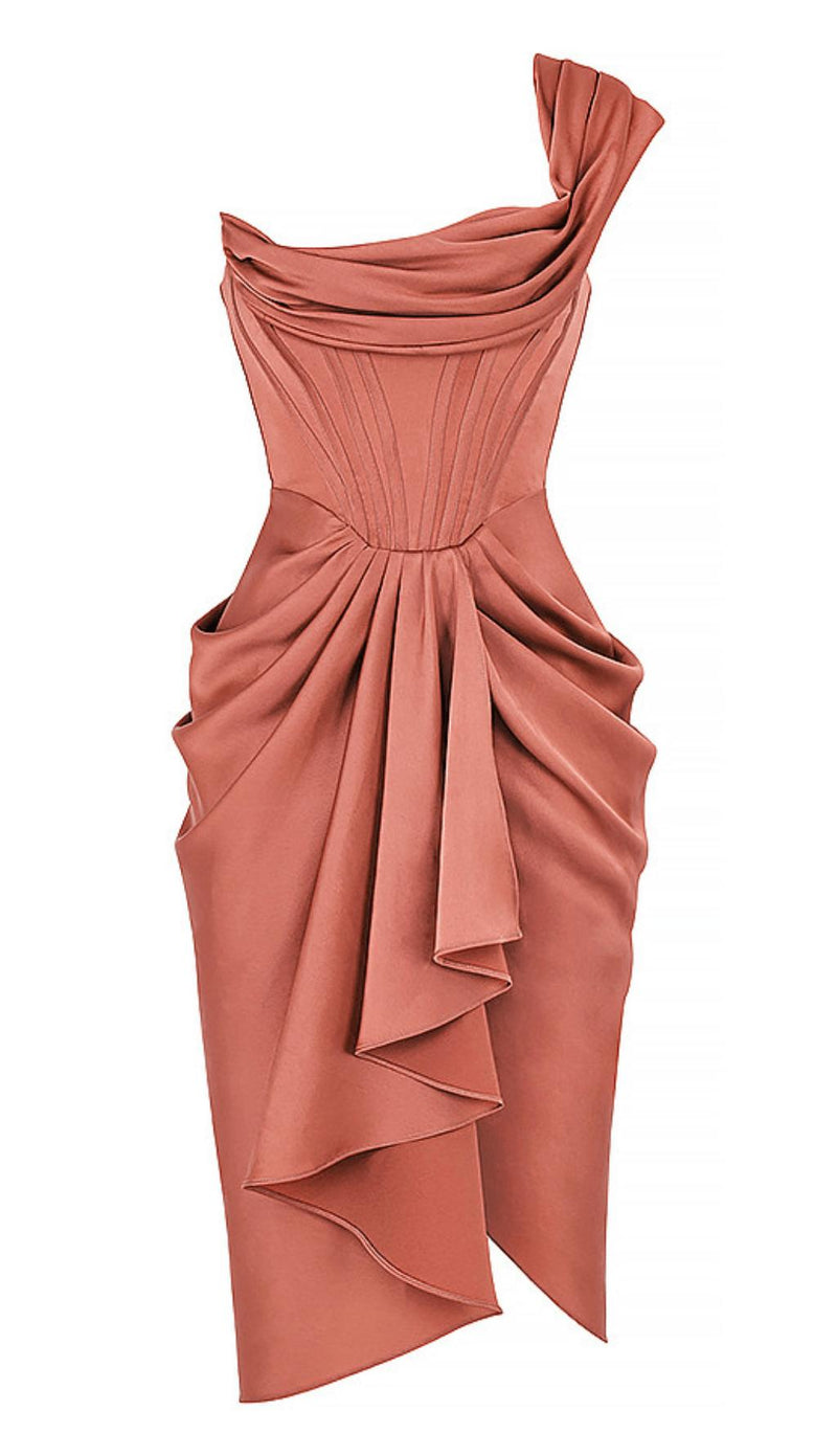 ROUGE SATIN ONE SHOULDER DRAPED MIDI DRESS