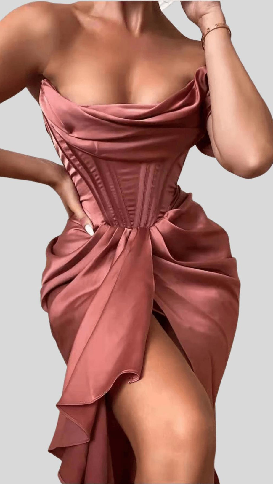 ROUGE SATIN ONE SHOULDER DRAPED MIDI DRESS