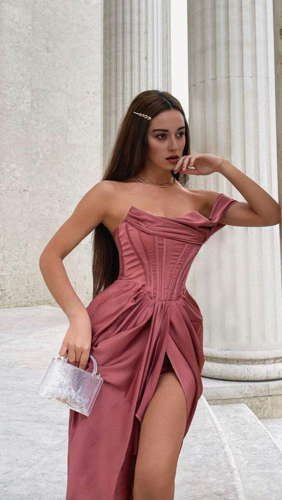 ROUGE SATIN ONE SHOULDER DRAPED MIDI DRESS