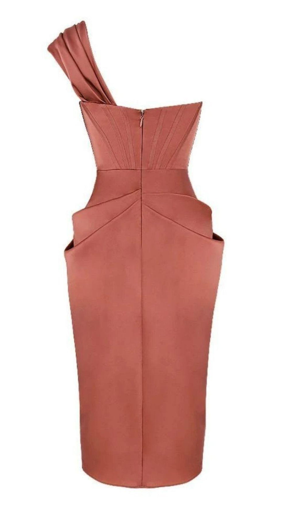 ROUGE SATIN ONE SHOULDER DRAPED MIDI DRESS