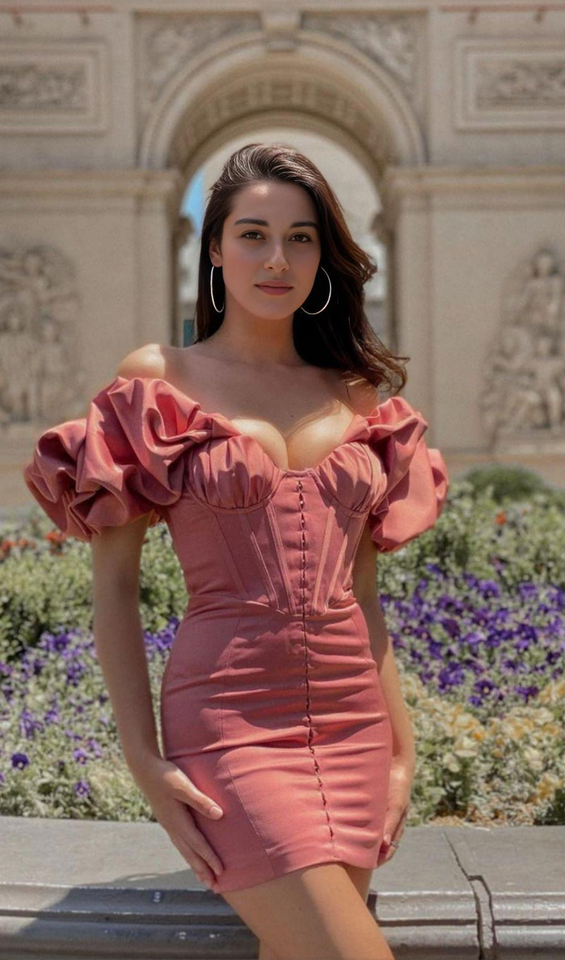 SATIN RUFFLE STRAPLESS MINI DRESS IN ROSE PINK