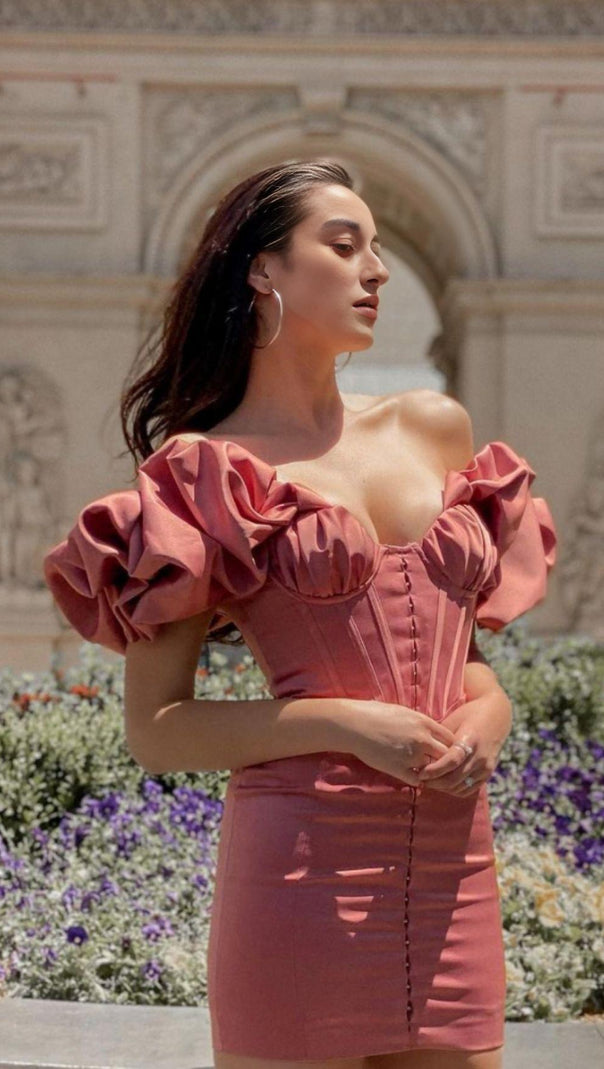 AIIZIE SATIN RUFFLE STRAPLESS MINI DRESS IN ROSE PINK - product image