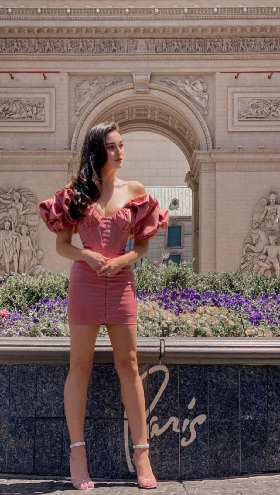 SATIN RUFFLE STRAPLESS MINI DRESS IN ROSE PINK