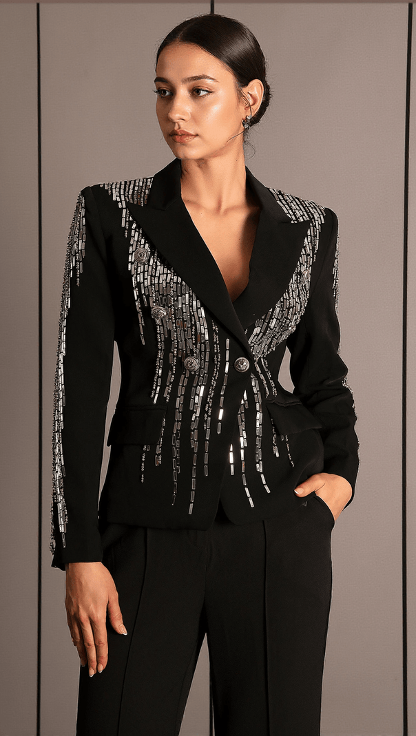 AIIZIE FAIDRA RHINESTONE DOUBLE BREASTED LAPEL BLAZER - product image
