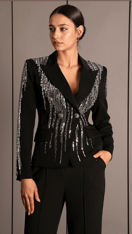 FAIDRA RHINESTONE DOUBLE BREASTED LAPEL BLAZER