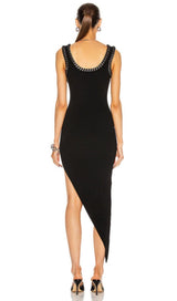 ASYMMETRIC BANDAGE MIDI DRESS IN BLACK