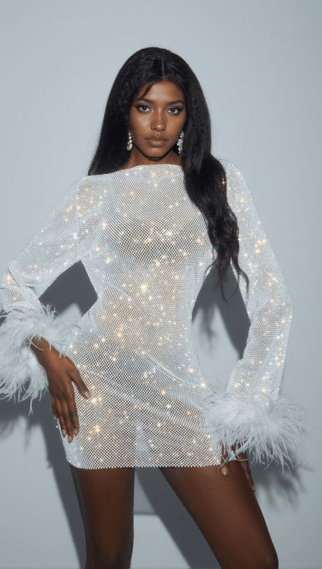 Xanthe – Weißes Minikleid aus Netzstoff mit Strass