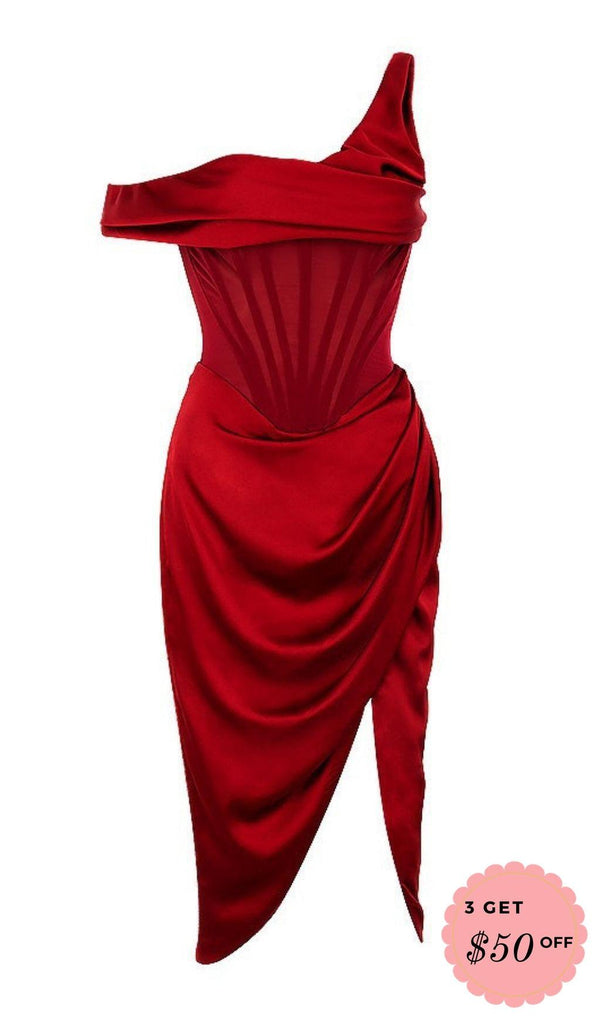 ASYMMETRIC DRAPE MIDI CORSET DRESS IN RED