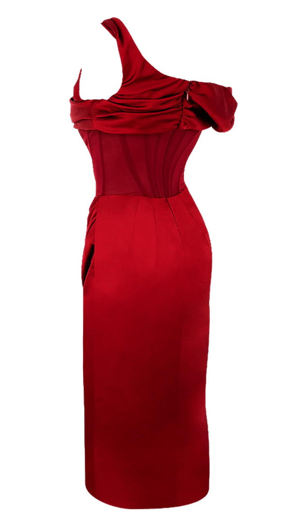 AIIZIE ASYMMETRIC DRAPE MIDI CORSET DRESS IN RED - product image