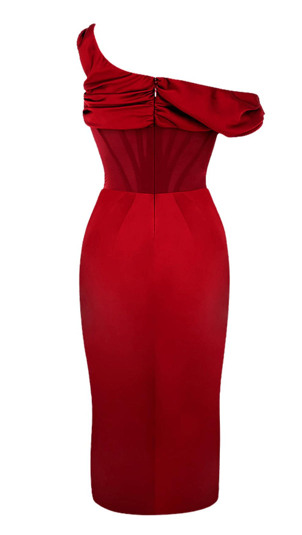 AIIZIE ASYMMETRIC DRAPE MIDI CORSET DRESS IN RED - product image