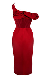 ASYMMETRIC DRAPE MIDI CORSET DRESS IN RED