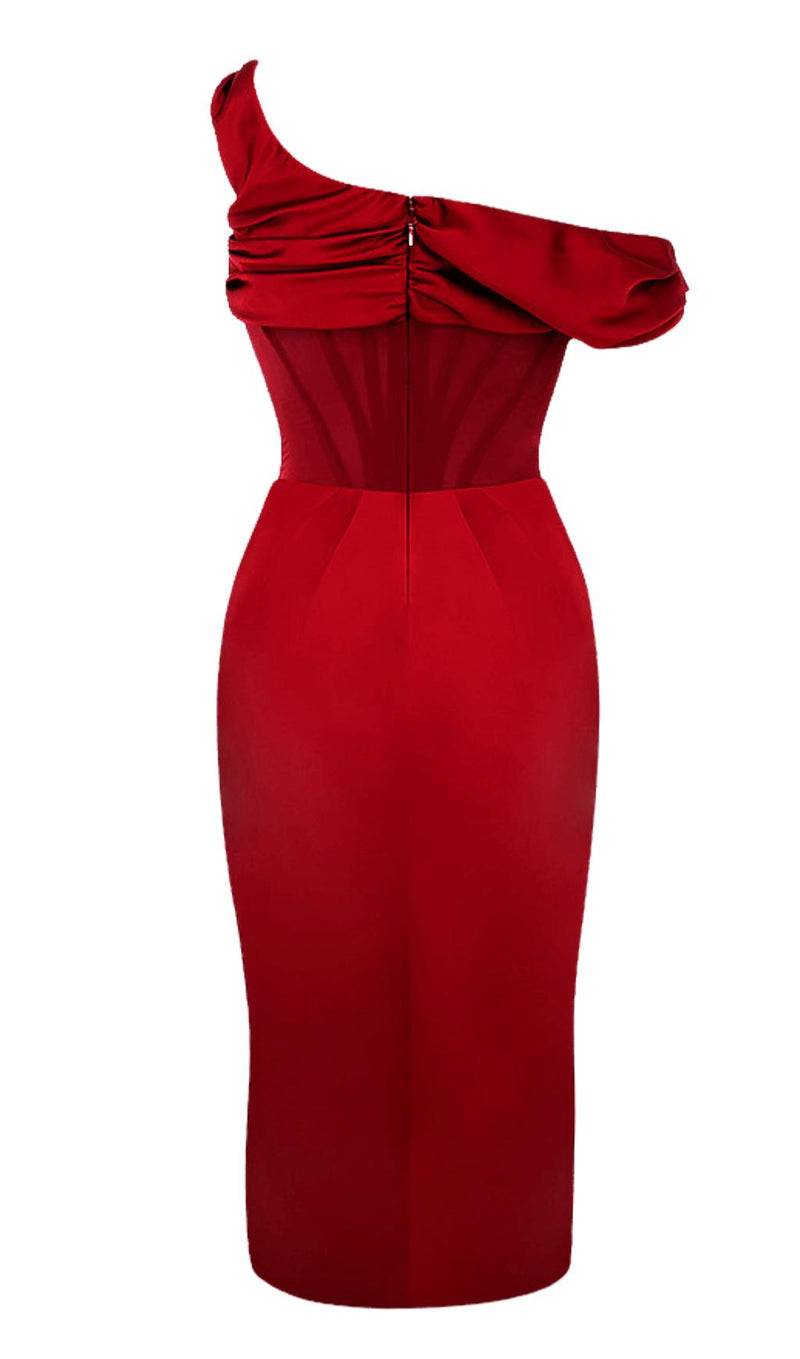 ASYMMETRIC DRAPE MIDI CORSET DRESS IN RED