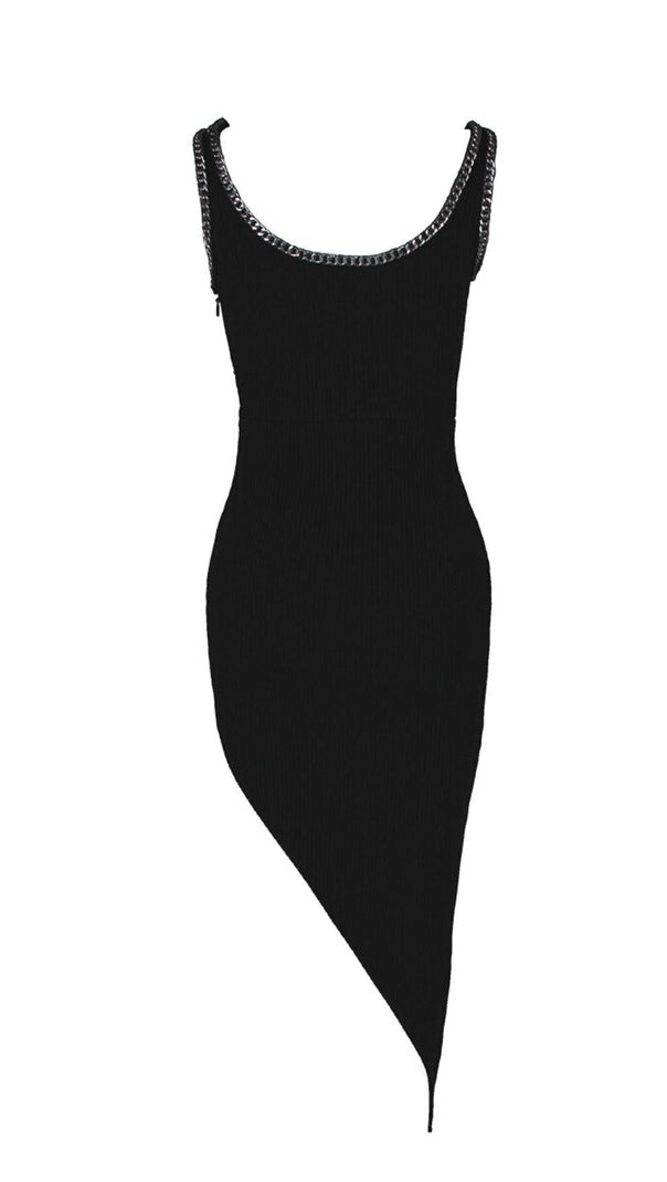 ABITO MIDI ASIMMETRICO CON BENDAGGI IN NERO
