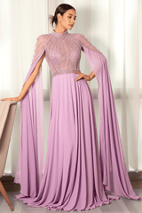 Stathiade Beaded Cape See-Through Evening Gown Dress