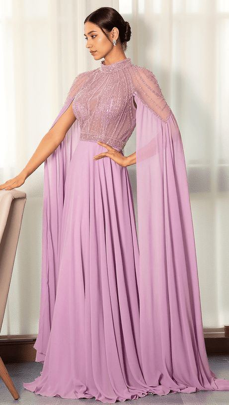 STATHIADE BEADED CAPE SEE-THROUGH EVENING GOWN DRESS