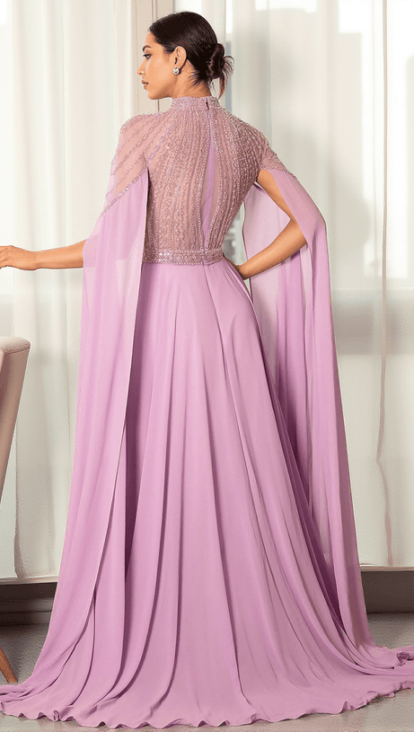 STATHIADE BEADED CAPE SEE-THROUGH EVENING GOWN DRESS