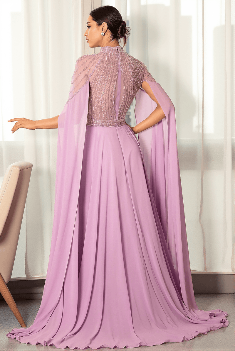 Stathiade Beaded Cape See-Through Evening Gown Dress