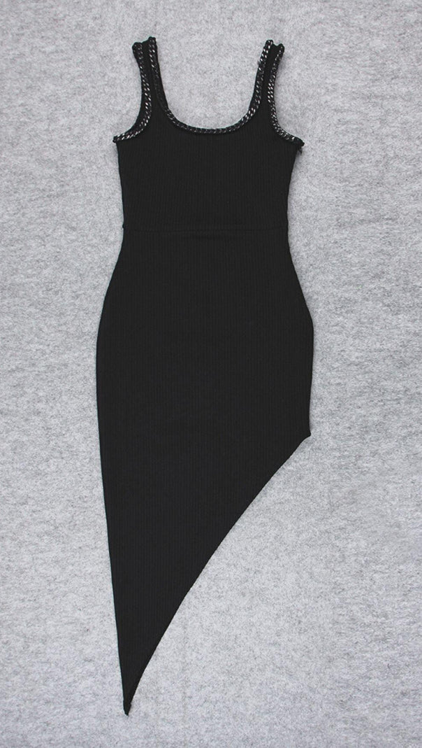 ABITO MIDI ASIMMETRICO CON BENDAGGI IN NERO