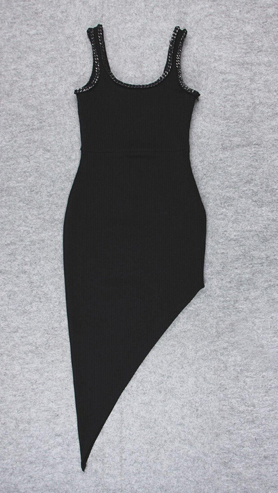 ASYMMETRIC BANDAGE MIDI DRESS IN BLACK