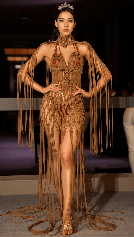 VALLELLIS BOHEMIAN BROWN BRAIDED FRINGE COVER UP DRESS