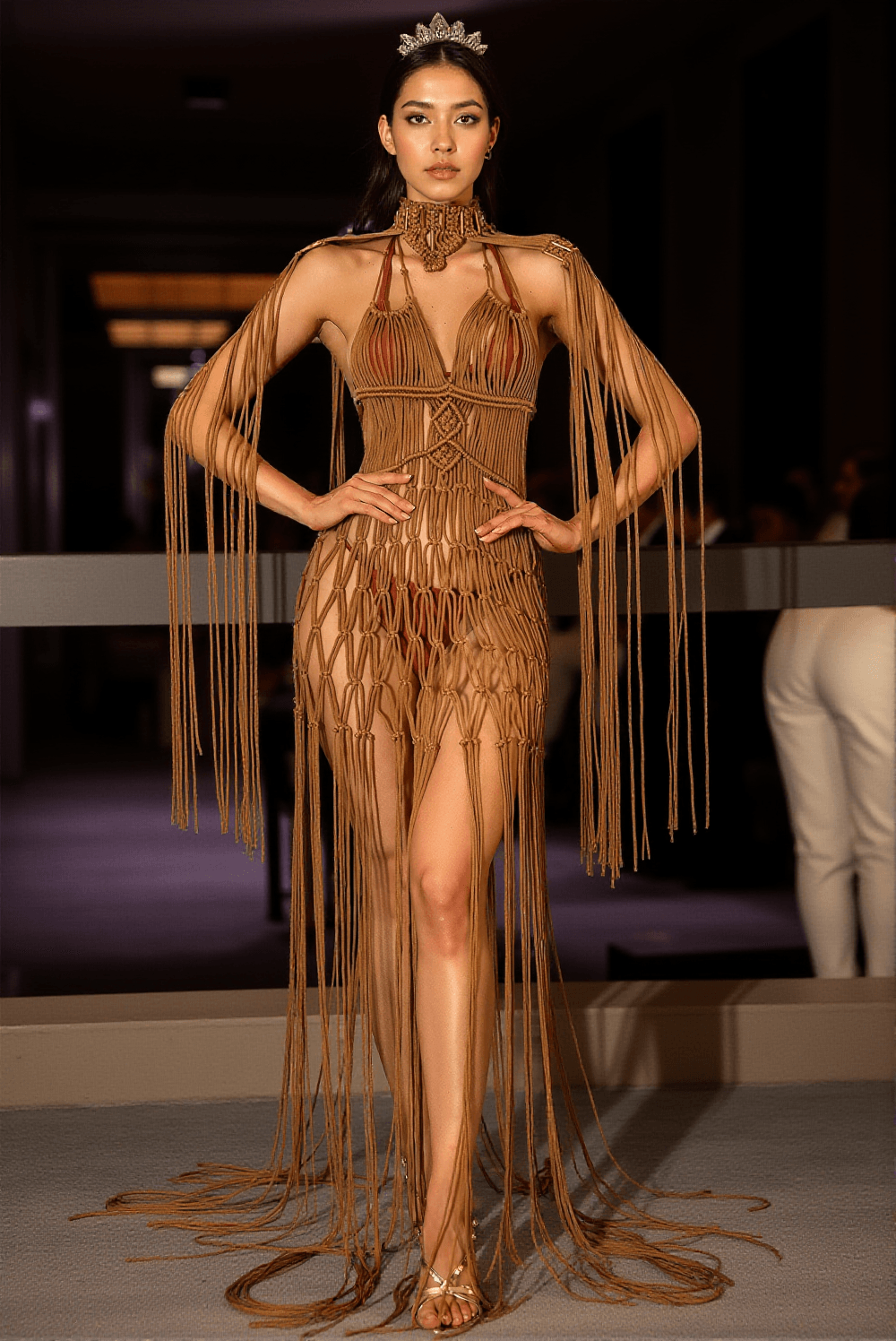 VALLELLIS BOHEMIAN BROWN BRAIDED FRINGE COVER UP DRESS