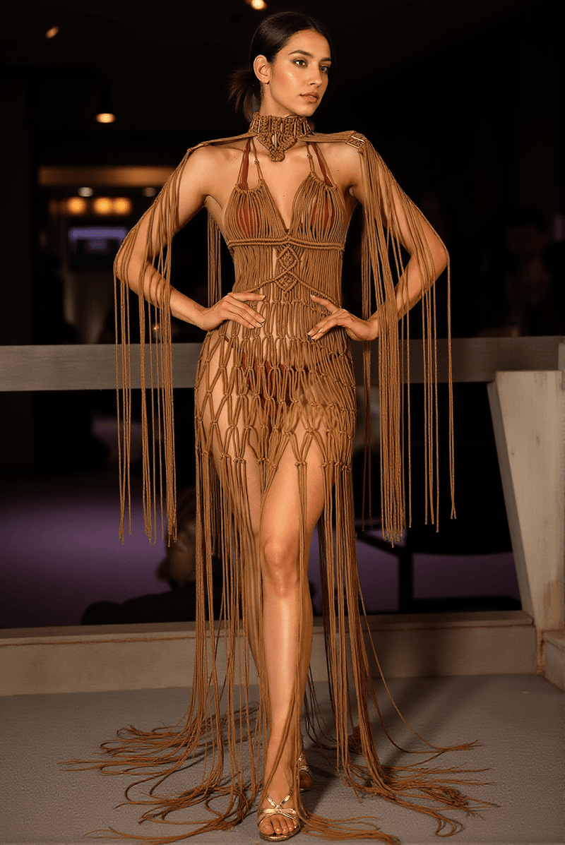 Vallellis Bohemian Brown Braided Fringe Cover Up Dress